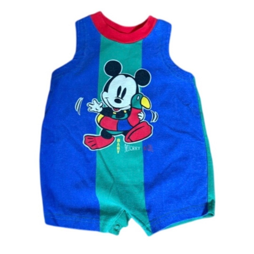 Vintage Baby Mickey & Co Mickey Mouse Colorblock Sunsuit Romper 3/6M Blue Green